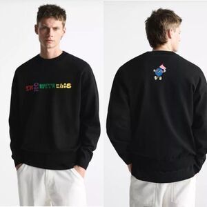 ZARA Sweater Mens Large Text Print Long Sleeve‎ Cotton Tight Knit Black Pullover